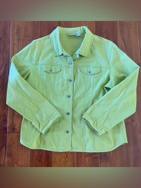 Chico's Chartreuse Green Denim Jacket XL Lightweight Top Pockets Coat Size 3